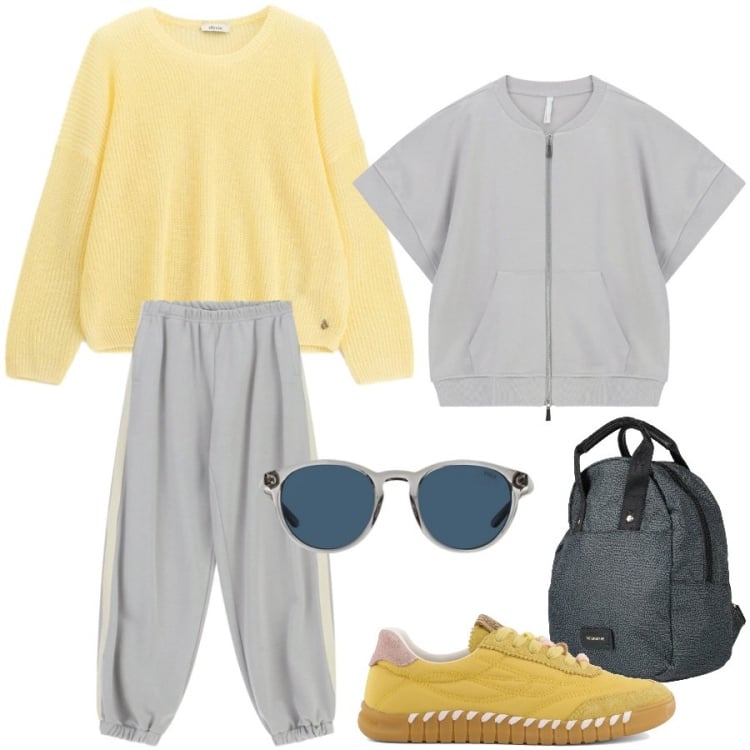 Outfit donna - Sportiva in città. Stile Sporty chic per Tutti i giorni. Abbinamento con zaini, piumini, pantaloni, maglieria, occhiali da sole, sneakers.
