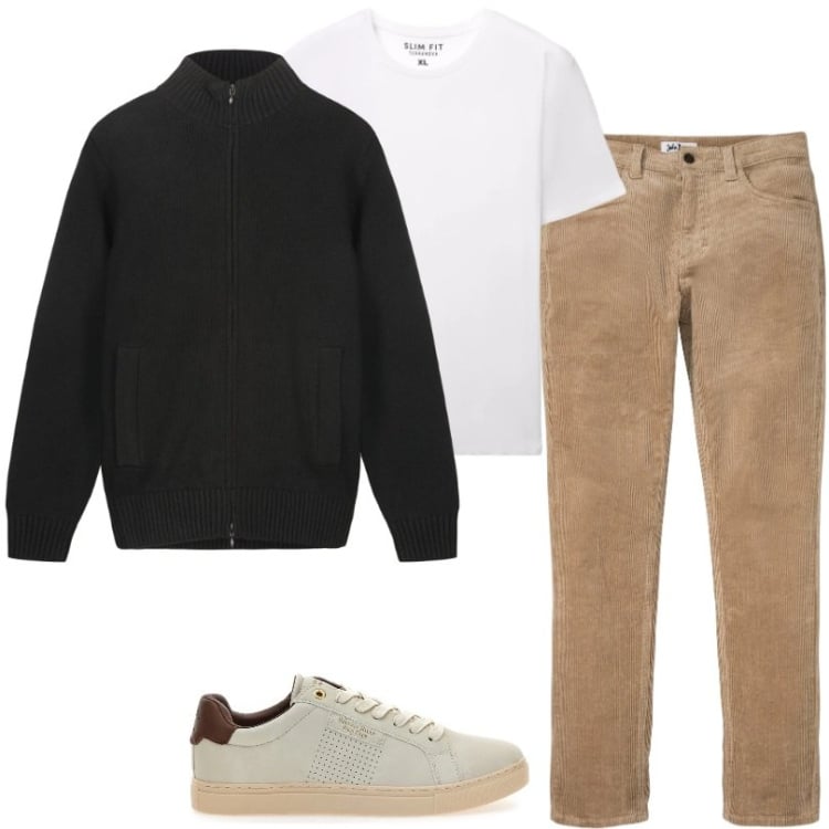 Outfit uomo - Total look #2375406. Stile Casual per Ufficio. Abbinamento con pantaloni, sneakers, cardigans, t-shirt.
