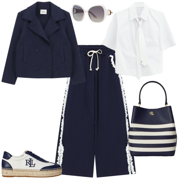 Outfit donna - Sporty chic ufficio tempo libero. Stile Sporty chic per Tutti i giorni. Abbinamento con camicie a manica corta, pantaloni a palazzo, blazer, borse a secchiello, sneakers, occhiali da sole.