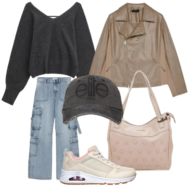 Outfit donna - Così... un po urban un po sportychic. Stile Urban per Scuola/Università. Abbinamento con blazer, maglieria, cappelli, shopping bag, jeans, sneakers.