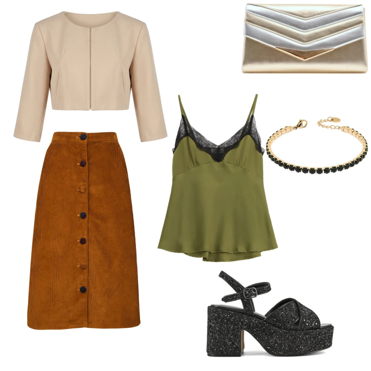 Outfit donna - Colazione in città. Stile Casual chic per Tutti i giorni. Abbinamento con bolero, pochette, top, braccialetti, sandali, gonne longuette.