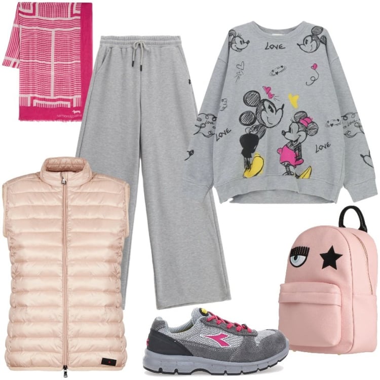 Outfit donna - Sporty chic. Stile Sporty chic per Tutti i giorni. Abbinamento con zaini, sciarpe, felpe, pantaloni, piumini, sneakers.