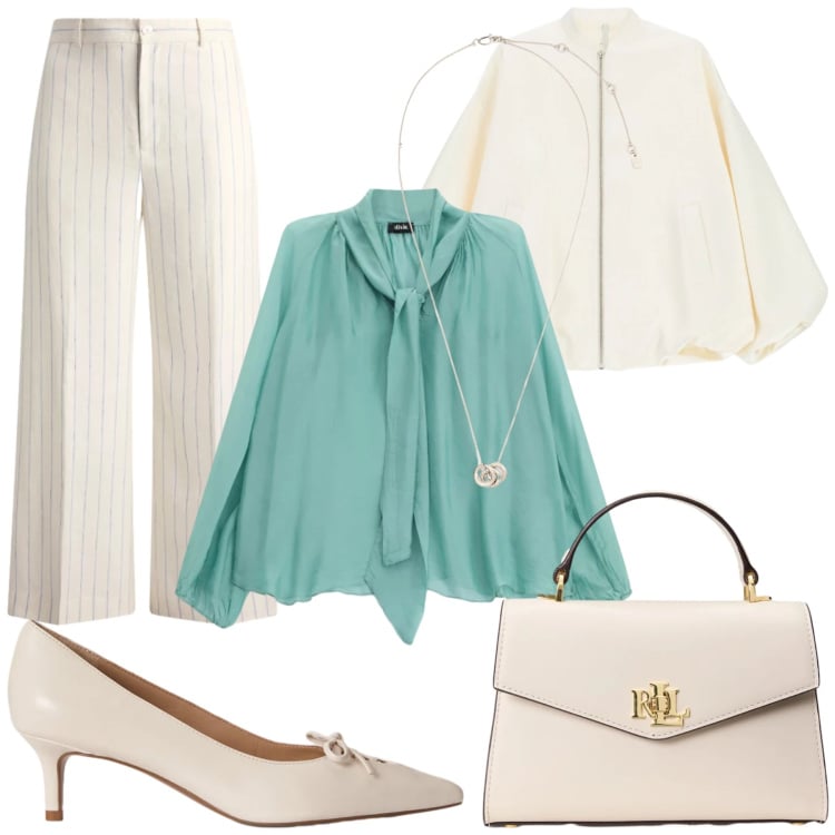 Outfit donna - Total look #2375415. Stile Chic per Ufficio. Abbinamento con bomber, bluse, borse a mano, décolleté, pantaloni, ciondoli.