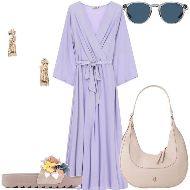 Outfit donna - Estate fresca. Stile Casual per Tutti i giorni. Abbinamento con borse a tracolla, vestiti midi/longuette, occhiali da sole, orecchini, ciabatte.