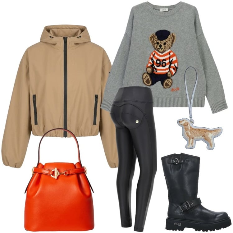 Outfit donna - Total look #2375419. Stile Urban per Tutti i giorni. Abbinamento con stivali, maglieria, pantaloni skinny, bomber, borse a secchiello, portachiavi.