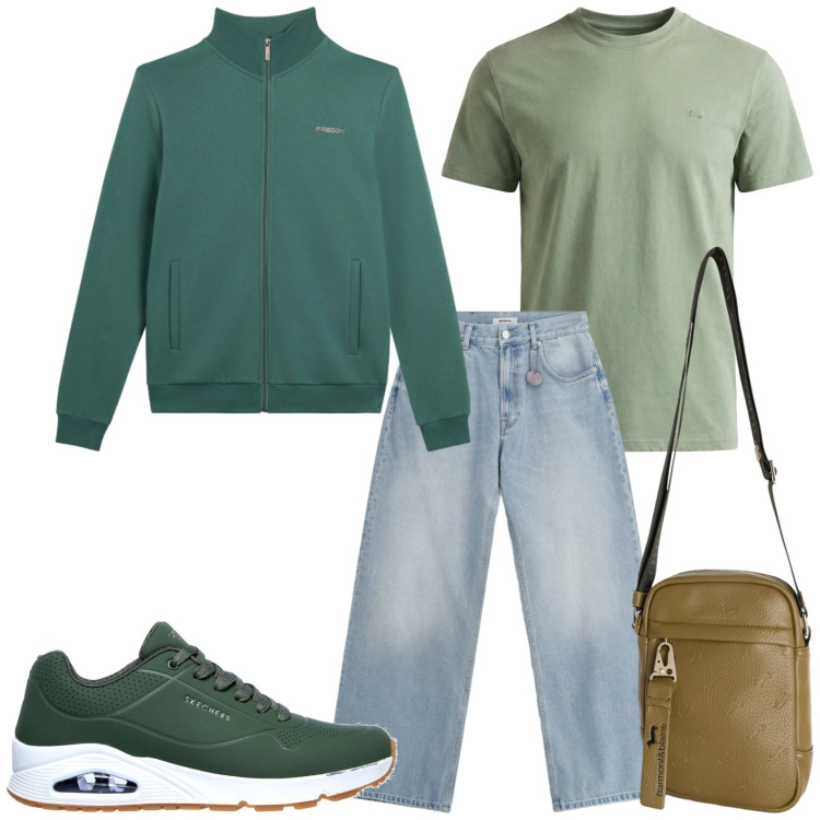 Outfit uomo - Gita con gli amici. Stile Urban per Tutti i giorni. Abbinamento con borse sportive, t-shirt, jeans, felpe, sneakers.
