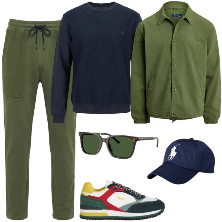 Outfit uomo - Immergiti nel comfort quotidiano. Stile Trendy per Sport. Abbinamento con sneakers, pantaloni sportivi, felpe, occhiali da sole, giacche sportive, cappelli con visiera.