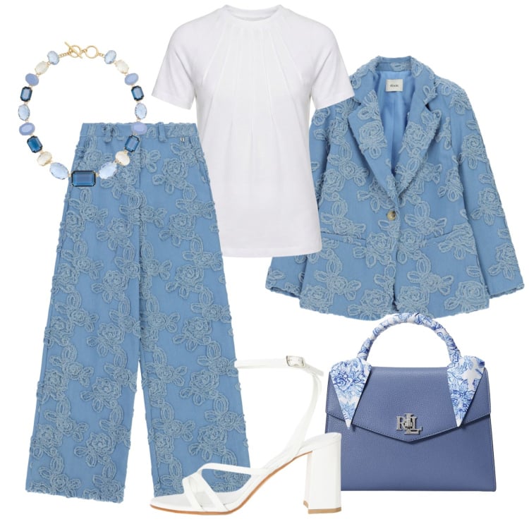 Outfit donna - Pantaloni passpartout !. Stile Casual chic per Tutti i giorni. Abbinamento con sandali in pelle, t-shirt, blazer, pantaloni a palazzo, collane, borse a mano.