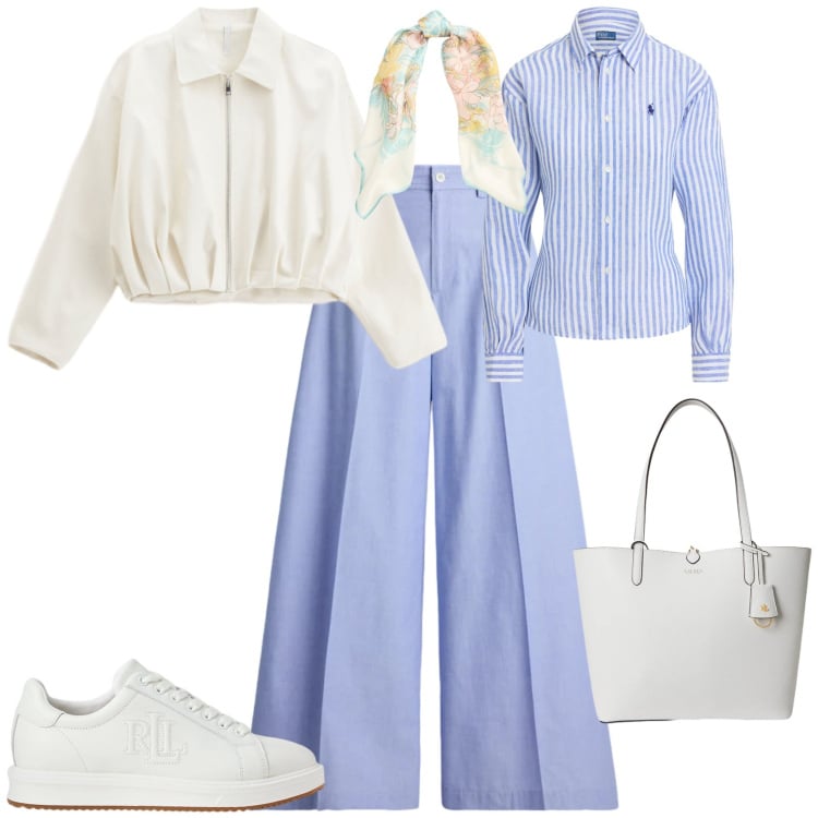 Outfit donna - Trendy ufficio tempo libero. Stile Trendy per Tutti i giorni. Abbinamento con bomber, sneakers, foulard, pantaloni, borse tote, camicie.