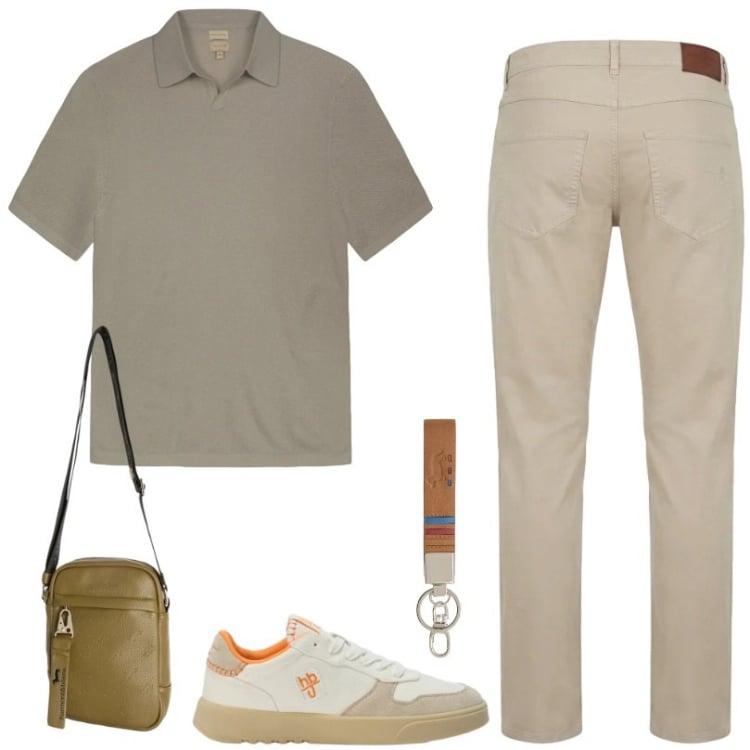 Outfit uomo - Polo tonalita natural. Stile Casual per Ufficio. Abbinamento con portachiavi, borse sportive, pantaloni, sneakers, polo.