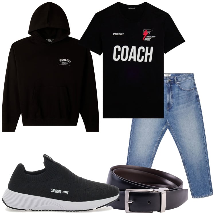 Outfit uomo - Sono giovane. Stile Casual per Tutti i giorni. Abbinamento con t-shirt, sneakers, cinture, felpe con cappuccio, jeans.