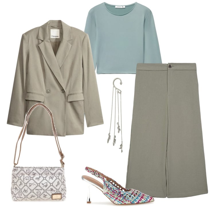 Outfit donna - Total look #2375434. Stile Casual chic per Serata fuori. Abbinamento con blazer, orecchini, pantaloni a palazzo, t-shirt, borse a tracolla, décolleté.