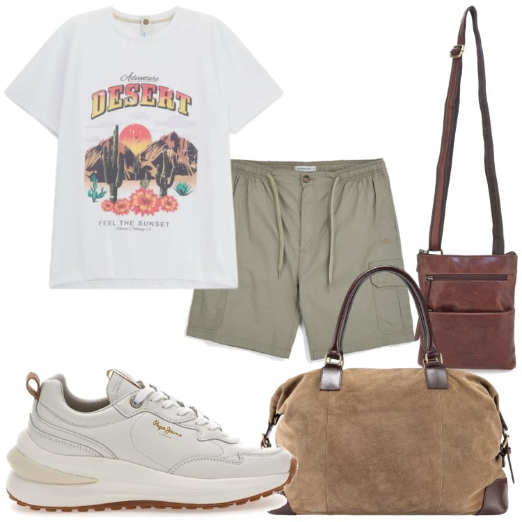Outfit uomo - Parto per il fine settimana. Stile Casual per Tutti i giorni. Abbinamento con t-shirt, portafogli, sneakers, borse sportive, shorts.