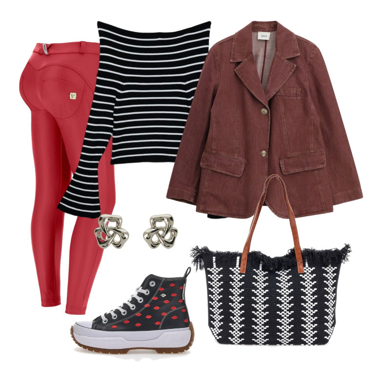 Outfit donna - Total look #2375437. Stile Casual chic per Scuola/Università. Abbinamento con maglieria, orecchini, blazer, pantaloni skinny, borse tote, sneakers.