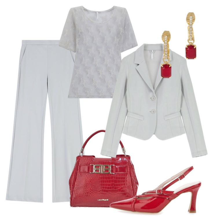 Outfit donna - Grigio e rosso di sera. Stile Glamour per Serata fuori. Abbinamento con pantaloni, t-shirt, blazer, orecchini, décolleté, borse a mano.