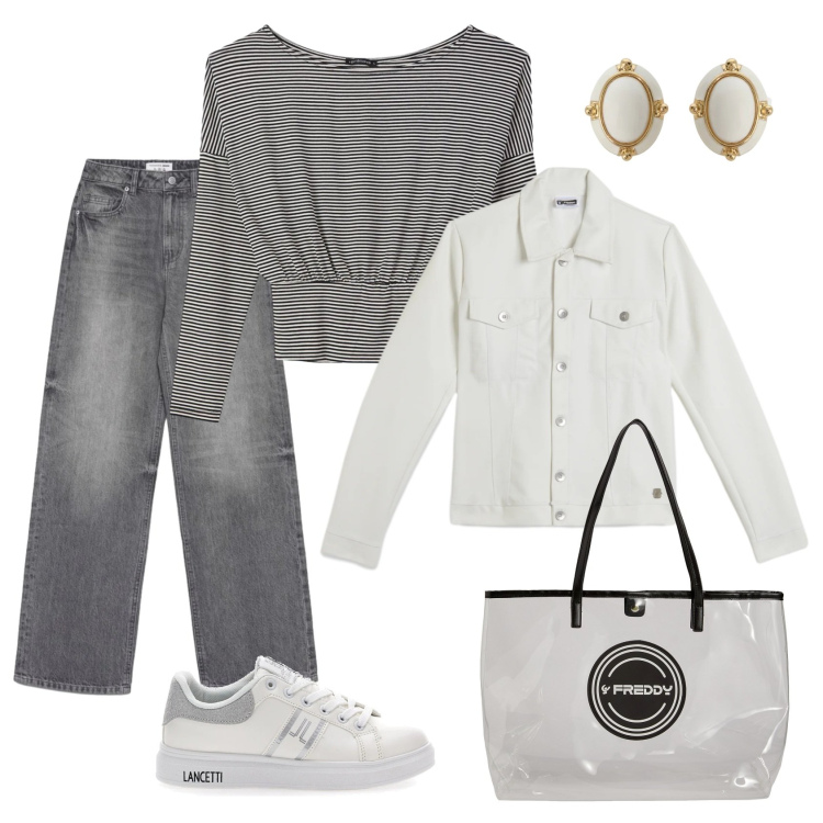 Outfit donna - Total look #2375439. Stile Casual chic per Scuola/Università. Abbinamento con orecchini, shopping bag, giacche, sneakers, jeans, t-shirt.