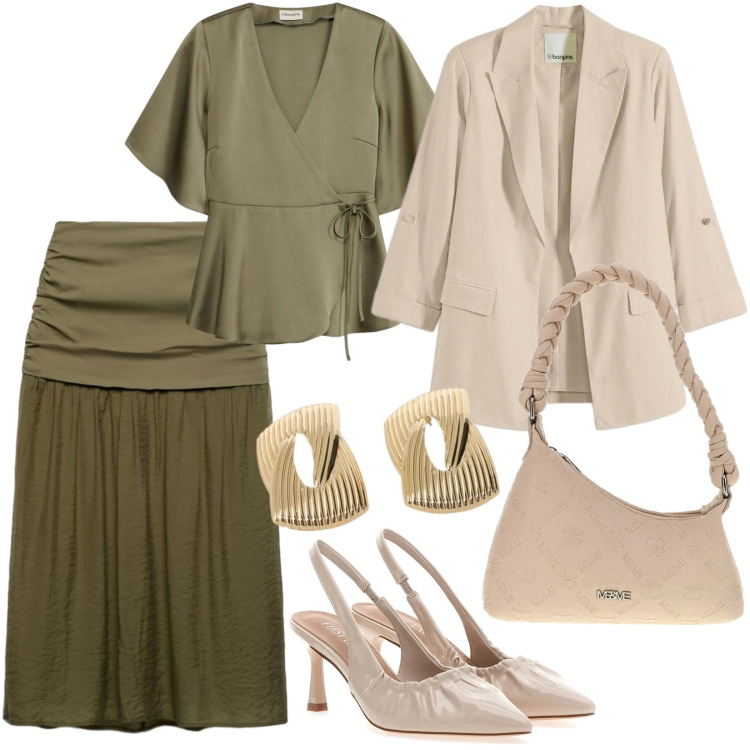Outfit donna - Eleganza e comfort. Stile Bon Ton per Tutti i giorni. Abbinamento con bluse, blazer, orecchini, décolleté, gonne longuette, borse a mano.
