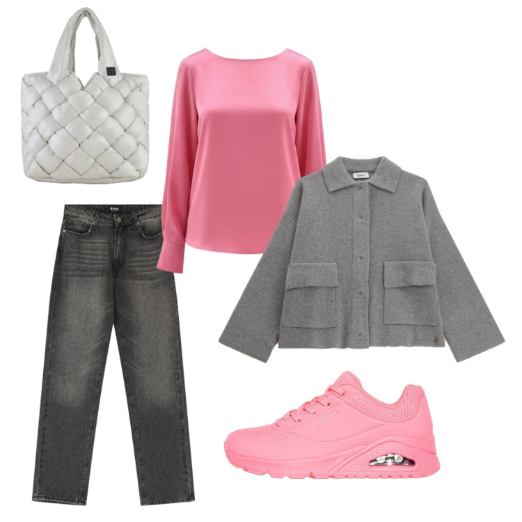 Outfit donna - Simpatia in rosa. Stile Casual chic per Tutti i giorni. Abbinamento con bluse, jeans dritti, cardigans, borse tote, sneakers.