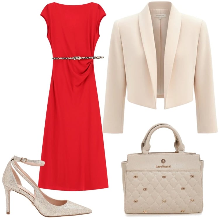 Outfit donna - Rosso passione. Stile Glamour per Serata fuori. Abbinamento con vestiti midi/longuette, décolleté, bolero, borse a mano.