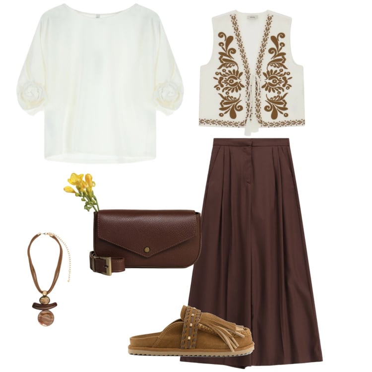 Outfit donna - Etno chic. per Tutti i giorni. Abbinamento con ciondoli, bluse, pantaloni a palazzo, borse a tracolla, gilet, sabot.