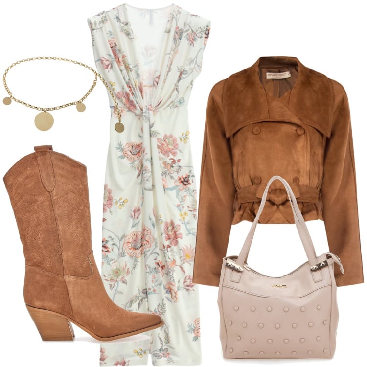 Outfit donna - Spring in Sale. Stile Urban per Tutti i giorni. Abbinamento con vestiti lunghi, giacche, cinture, shopping bag, stivaletti texani.