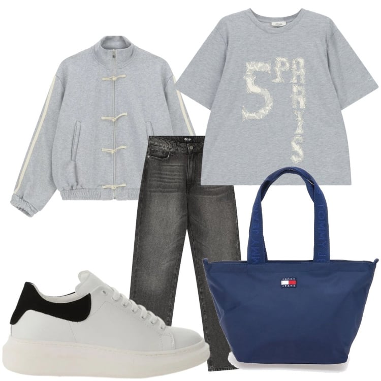Outfit donna - Relax. Stile Basic per Tutti i giorni. Abbinamento con sneakers, jeans dritti, t-shirt, felpe, borse tote.