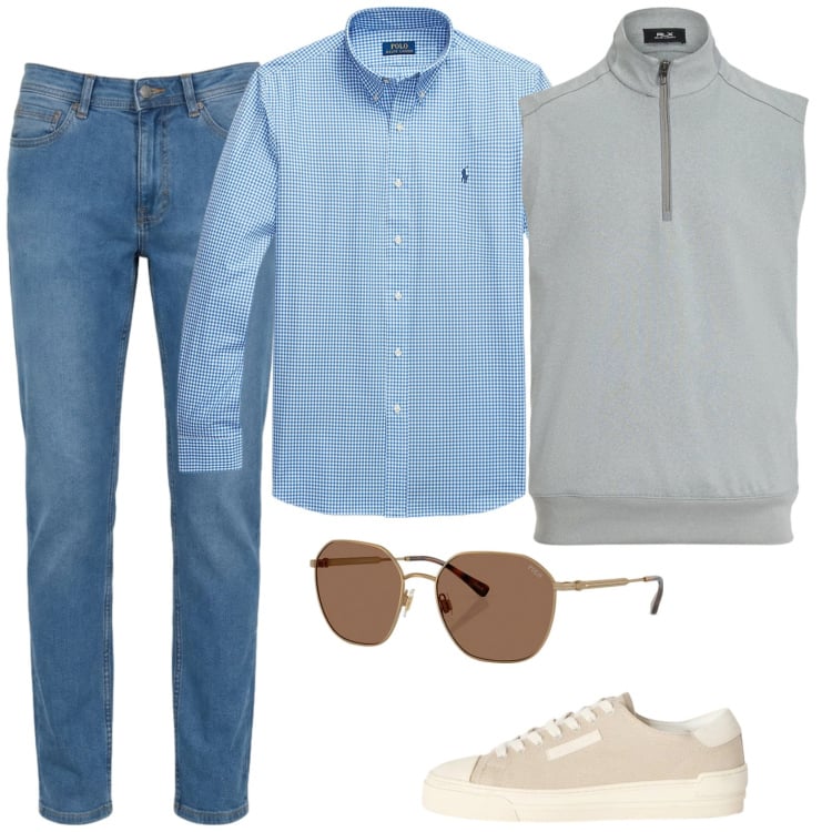 Outfit uomo - Chiaramente. Stile Trendy per Tutti i giorni. Abbinamento con sneakers, jeans, camicie, occhiali da sole, gilet.