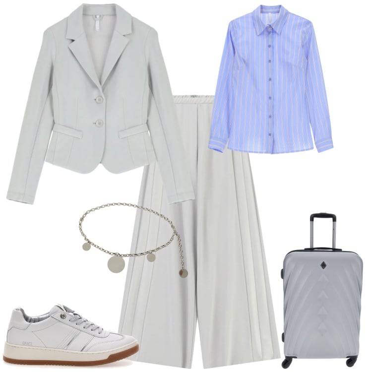 Outfit donna - Trendy ufficio tempo libero. Stile Trendy per Tutti i giorni. Abbinamento con blazer, pantaloni a palazzo, camicie, cinture, sneakers, valigie.