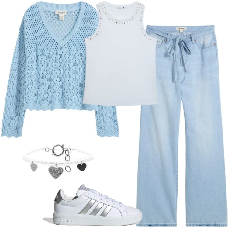 Outfit donna - Maglione leggero traforato, celeste. Stile Basic per Tutti i giorni. Abbinamento con jeans, maglieria, braccialetti, canottiere, sneakers.