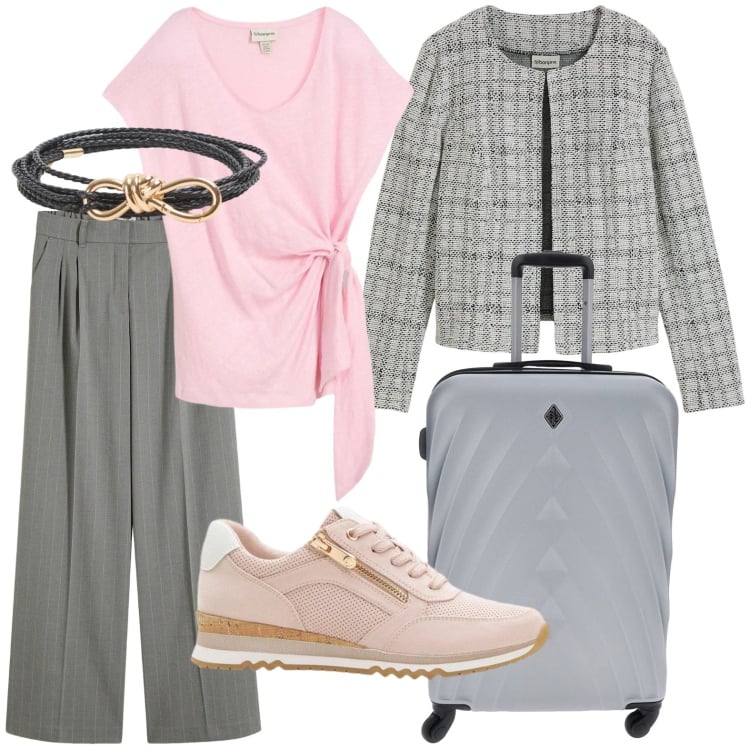 Outfit donna - Il ritorno del grigio in primavera. Stile Minimal per Tutti i giorni. Abbinamento con cardigans, pantaloni a palazzo, sneakers, bluse, cinture, valigie.