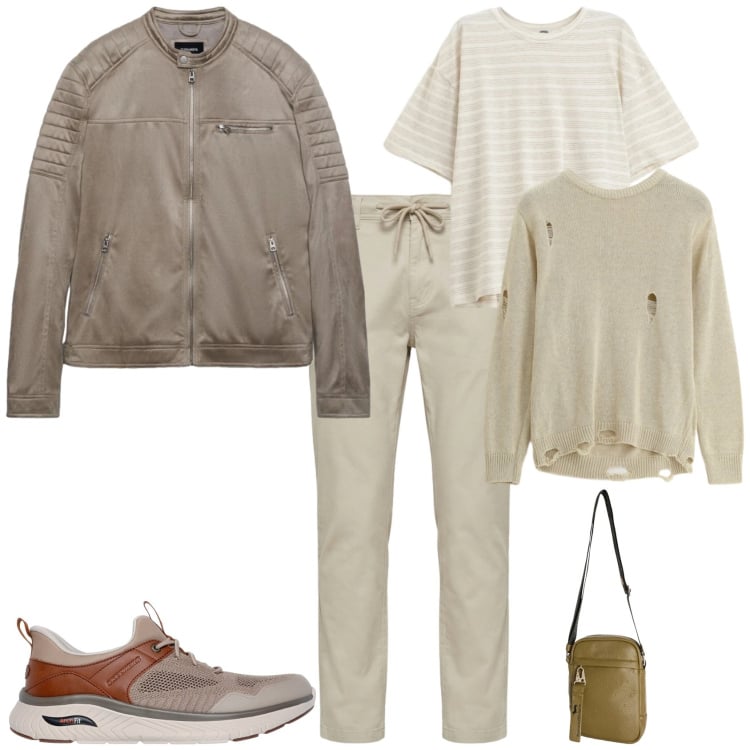 Outfit uomo - Casual tempo libero. Stile Casual per Tutti i giorni. Abbinamento con borse sportive, jeans, maglieria, t-shirt, scarpe stringate, giacche.