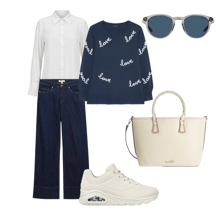 Outfit donna - You Love me. Stile Basic per Tutti i giorni. Abbinamento con jeans, maglieria, shopping bag, camicie, occhiali da sole, sneakers.