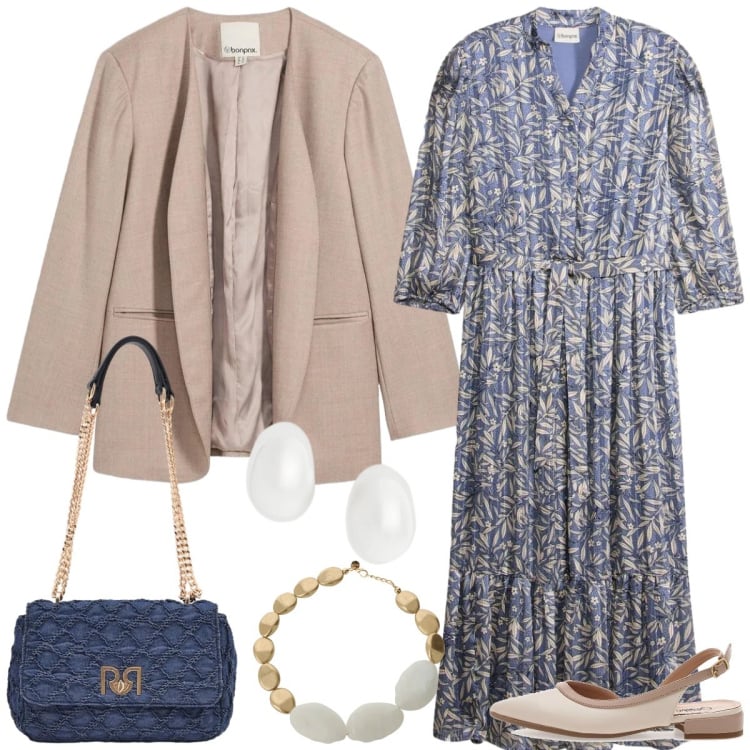 Outfit donna - Total look #2375458. Stile Casual chic per Tutti i giorni. Abbinamento con blazer, vestiti chemisier, borse a spalla, collane, orecchini, ballerine.