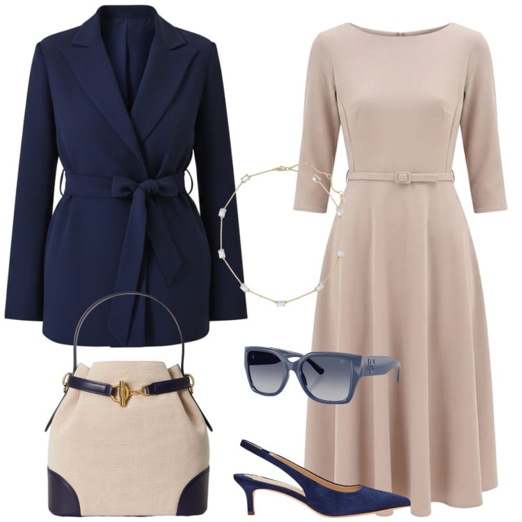 Outfit donna - Total look #2375460. Stile Chic per Tutti i giorni. Abbinamento con vestiti midi/longuette, blazer, décolleté, occhiali da sole, borse a secchiello, collane.