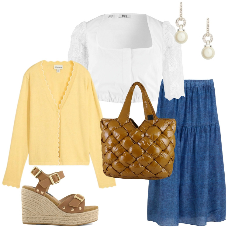 Outfit donna - Un outfit romantico e casual. Stile Romantica per Tutti i giorni. Abbinamento con gonne lunghe, camicie, cardigans, borse tote, orecchini, zeppe.