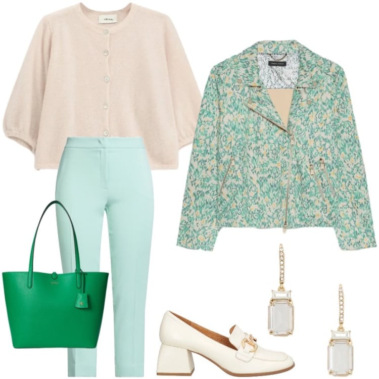 Outfit donna - Il "chiodo" romantico. Stile Casual chic per Cerimonia. Abbinamento con mocassini, pantaloni, blazer, cardigans, orecchini, borse tote.