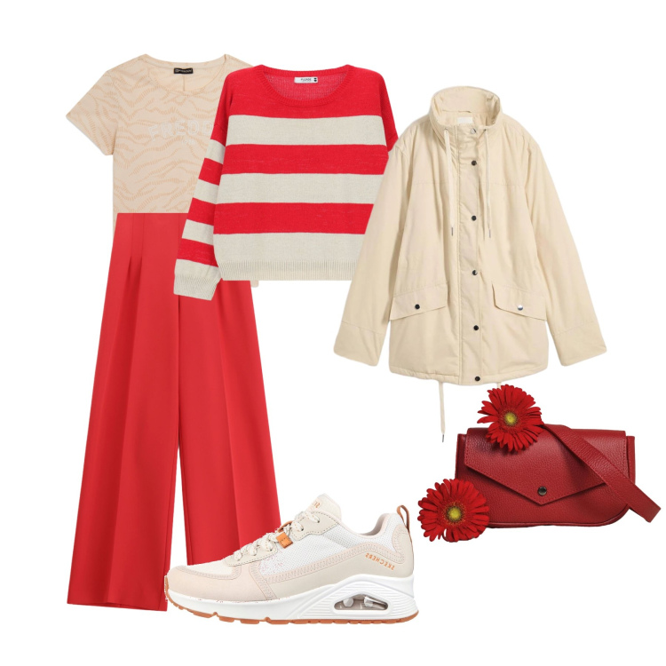 Outfit donna - Beige o rosso. Stile Basic per Tutti i giorni. Abbinamento con parka, borse a tracolla, maglieria, pantaloni a palazzo, t-shirt, sneakers alte.