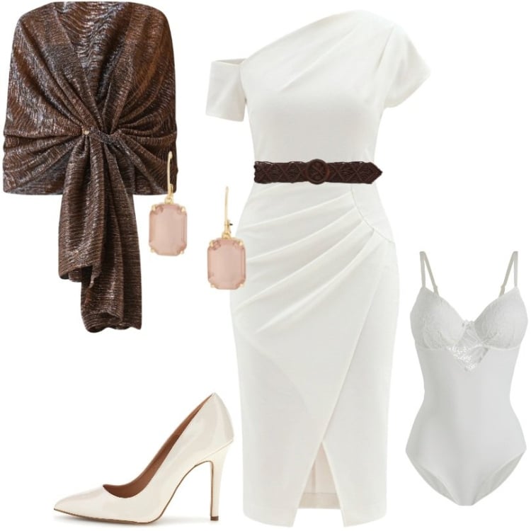 Outfit donna - Tubino con linee asimmetriche. Stile Chic per Cerimonia. Abbinamento con body, stole, vestiti a tubino, orecchini, cinture, décolleté.