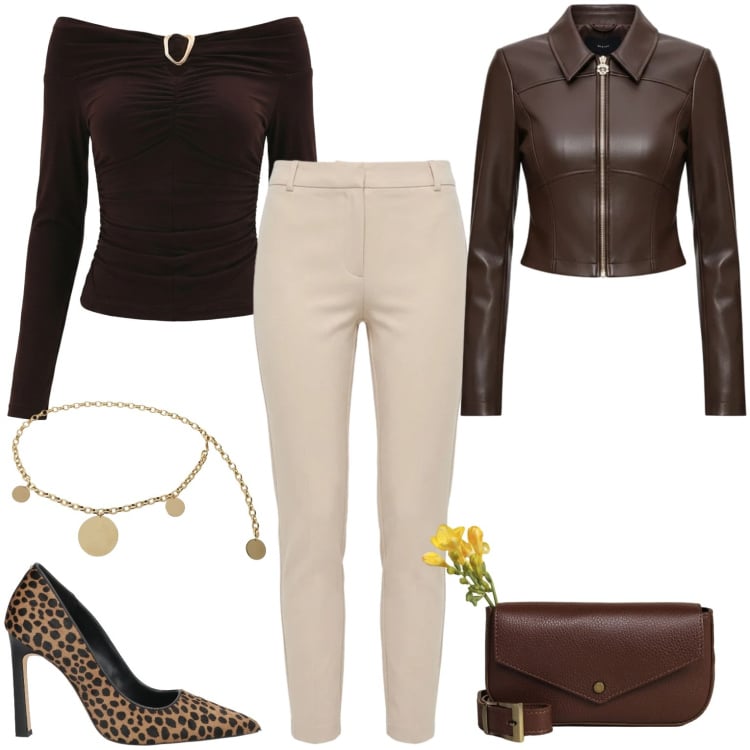 Outfit donna - Femminile con grinta. Stile Casual chic per Serata fuori. Abbinamento con décolleté, giacche, bluse, pantaloni skinny, borse a tracolla, cinture.