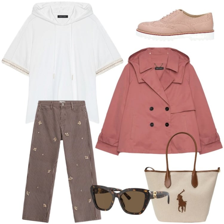 Outfit donna - Total look #2375474. Stile Casual chic per Tutti i giorni. Abbinamento con scarpe stringate, trench, t-shirt, pantaloni a palazzo, occhiali da sole, borse tote.