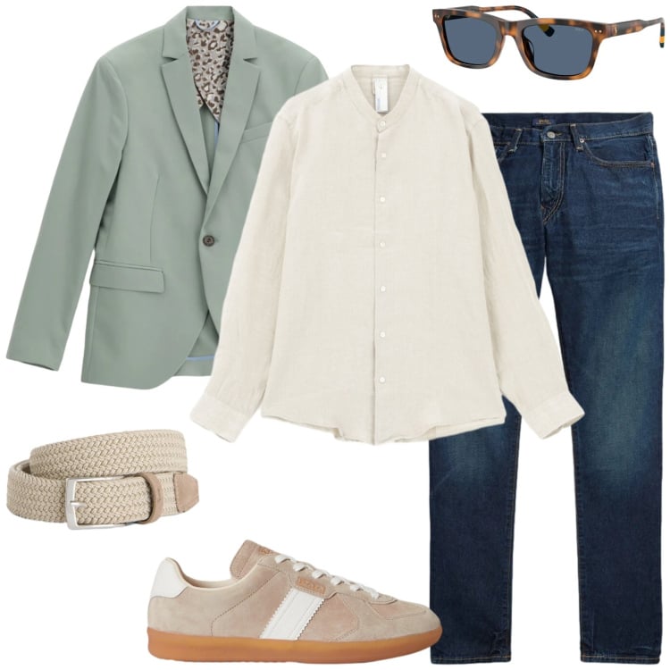 Outfit uomo - Giacca leggera. Stile Casual per Tutti i giorni. Abbinamento con cinture, giacche, camicie, jeans, occhiali da sole, sneakers.