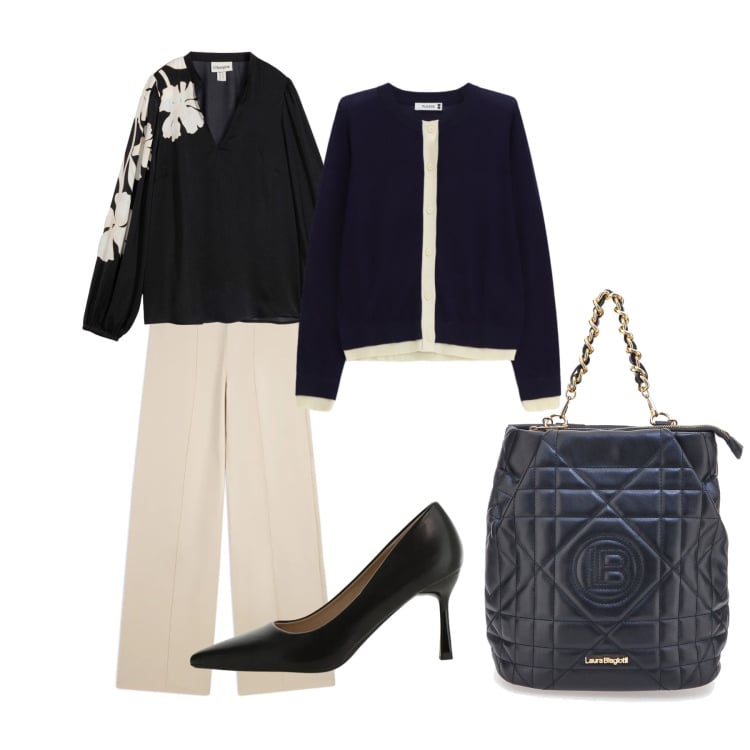 Outfit donna - Bianco nero e fantasia. Stile Casual chic per Ufficio. Abbinamento con tuniche, cardigans, décolleté, pantaloni, zaini.