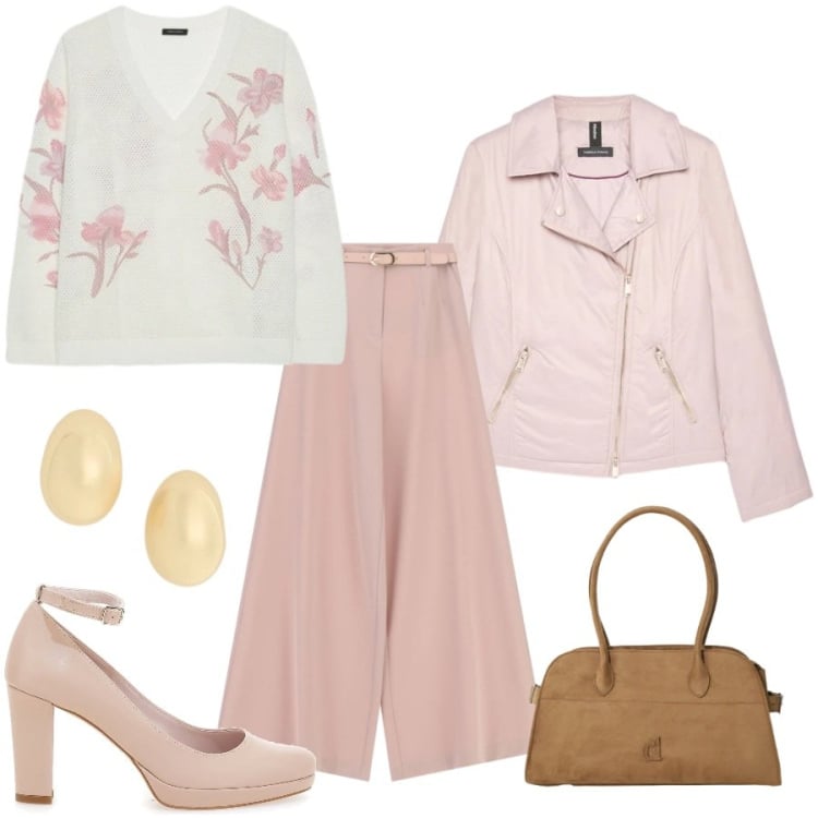 Outfit donna - Rosa a primavera. Stile Casual chic per Cerimonia. Abbinamento con maglieria, piumini, pantaloni a palazzo, cappotti, orecchini, décolleté.