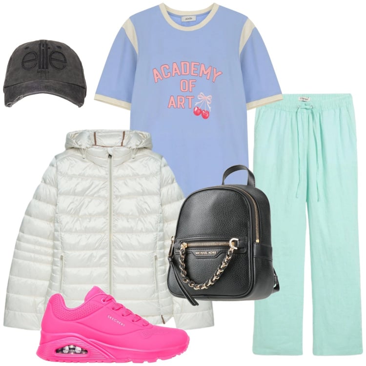 Outfit donna - Il look sportivo dai colori primaverili. Stile Casual per Tutti i giorni. Abbinamento con zaini, pantaloni, piumini, t-shirt, cappelli, sneakers.