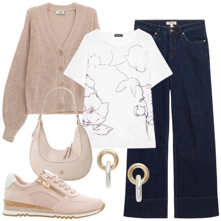 Outfit donna - Total look #2375481. Stile Basic per Tutti i giorni. Abbinamento con jeans, sneakers, t-shirt, cardigans, borse a tracolla, orecchini.