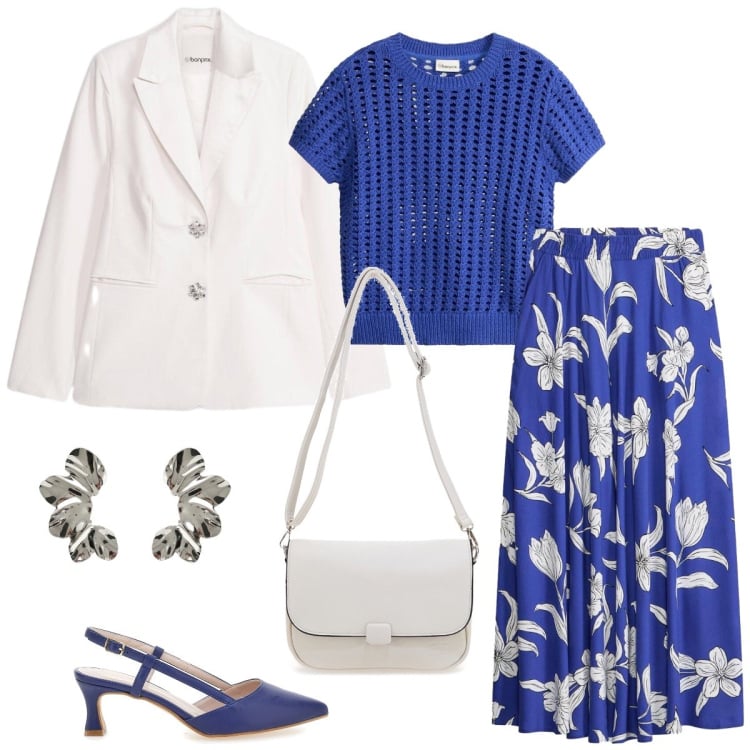 Outfit donna - Total look #2375482. Stile Romantica per Cerimonia. Abbinamento con gonne lunghe, bluse, blazer, orecchini, décolleté, borse a tracolla.