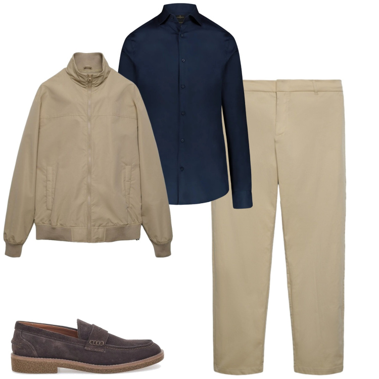 Outfit uomo - Sabbia e blu. Stile Urban per Tutti i giorni. Abbinamento con bomber, pantaloni chino, camicie, scarpe stringate.