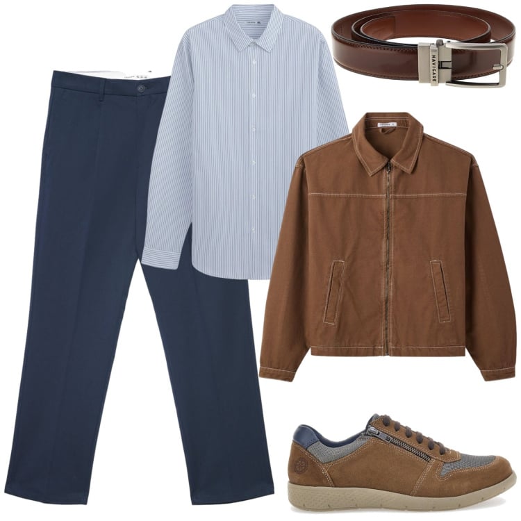 Outfit uomo - Pranzo all\'aperto. Stile Urban per Tutti i giorni. Abbinamento con camicie, scarpe stringate, cappotti, pantaloni chino, cinture.