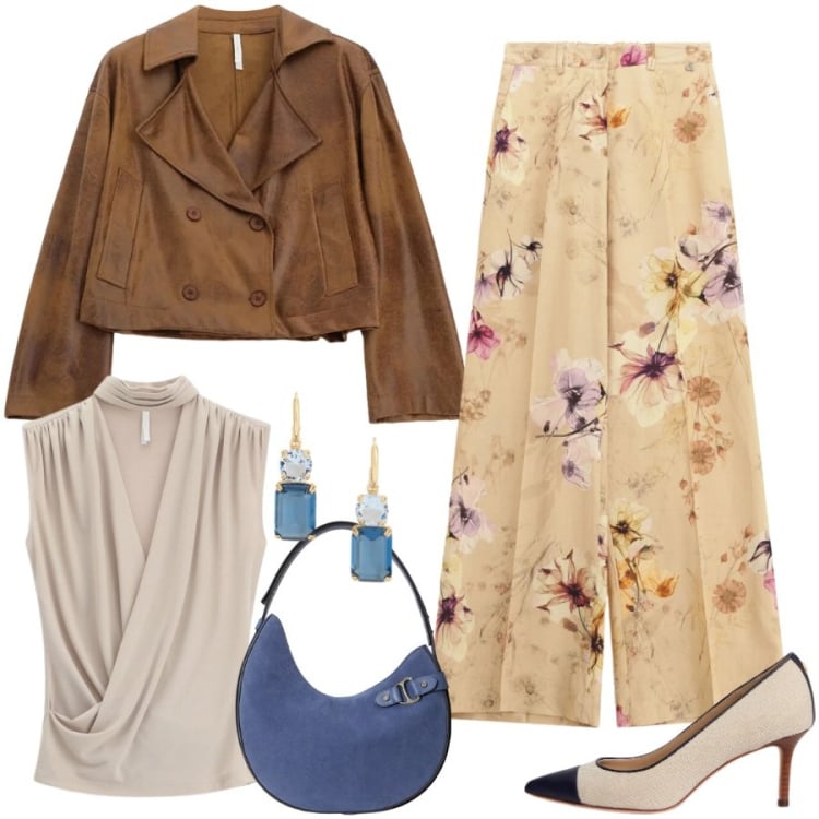 Outfit donna - Pantaloni protagonisti. Stile Chic per Cerimonia. Abbinamento con top, giacche, pantaloni a palazzo, borse a spalla, décolleté, orecchini.