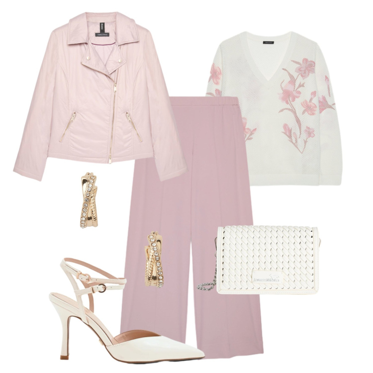 Outfit donna - Fluente casual chic. Stile Casual chic per Tutti i giorni. Abbinamento con maglieria, pantaloni, piumini, borse a tracolla, décolleté, orecchini.